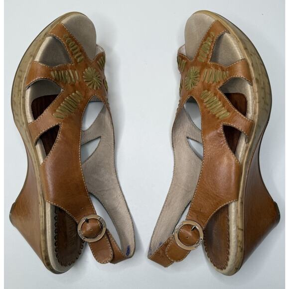 Pikolinos Wedge Sandals Womens 41 Tan Leather Embroidered Side Buckle Open Toe - Picture 6 of 10